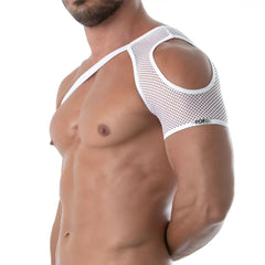 White mesh circuit mesh shoulder harness with cutout design and branded label for shoulder support
