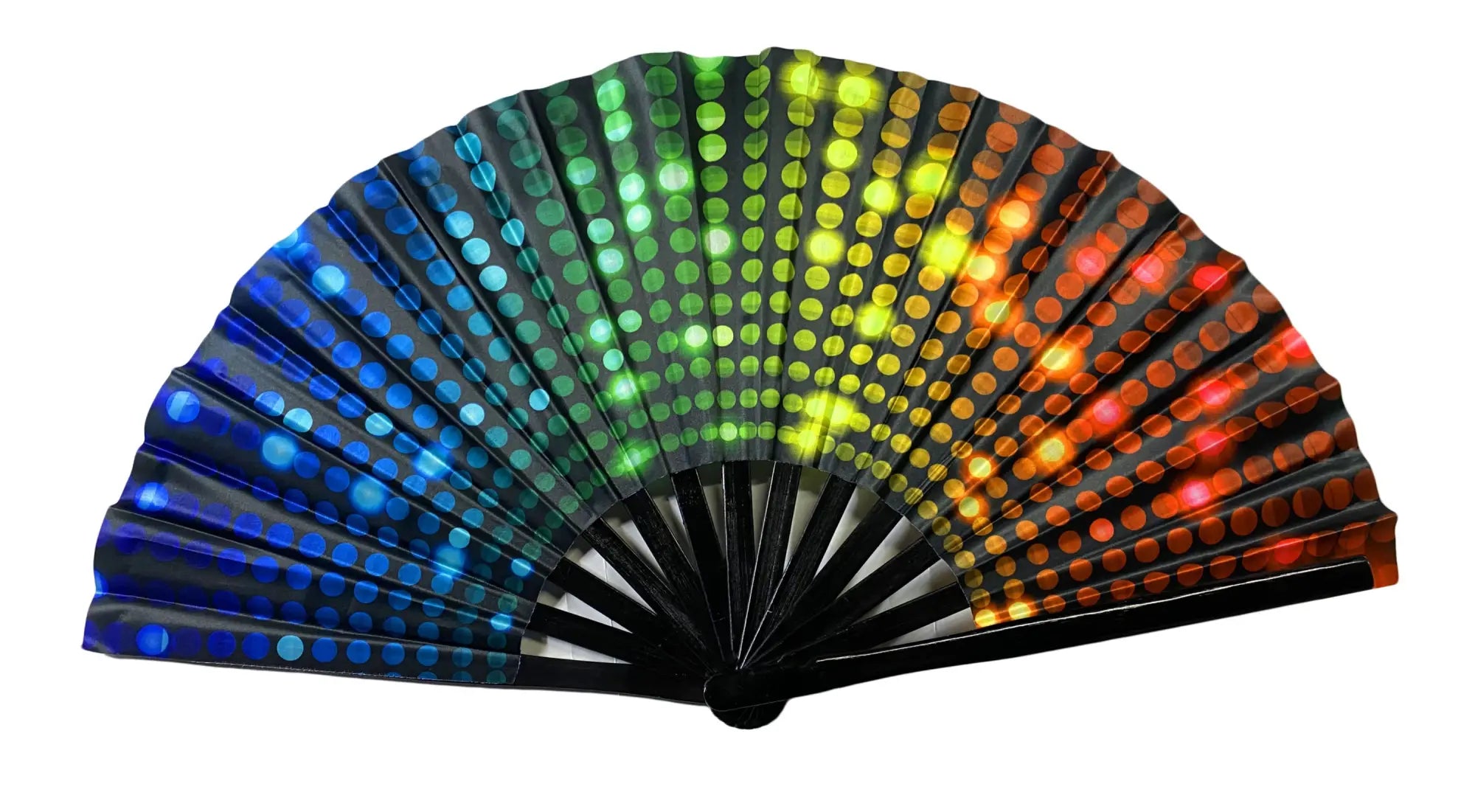 A black folding clack fan with vibrant rainbow led lights featuring glowing dots transitioning from blue to red