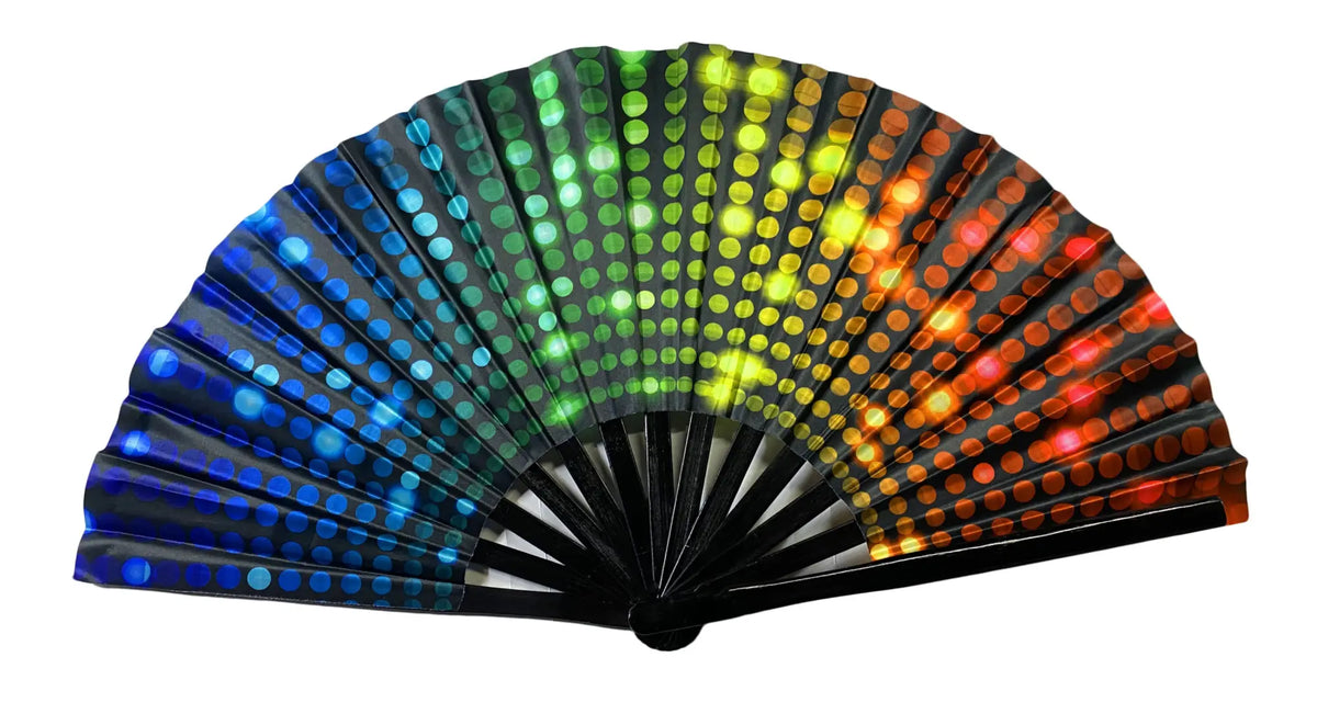 A black folding clack fan with vibrant rainbow led lights featuring glowing dots transitioning from blue to red
