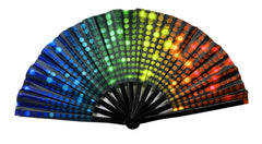 A black folding clack fan with vibrant rainbow led lights featuring glowing dots transitioning from blue to red
