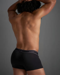 Black classic cotton trunk boxer briefs with gray elastic waistband and white brand name lettering
