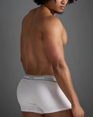 White classic cotton trunk boxer briefs with gray elastic waistband and black brand name lettering