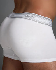 White teammb classic cotton trunk boxer briefs with gray elastic waistband and black brand name lettering