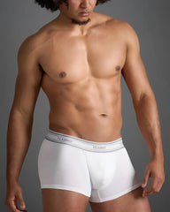 Classic cotton trunk white boxer briefs with gray elastic waistband featuring repeating brand name lettering