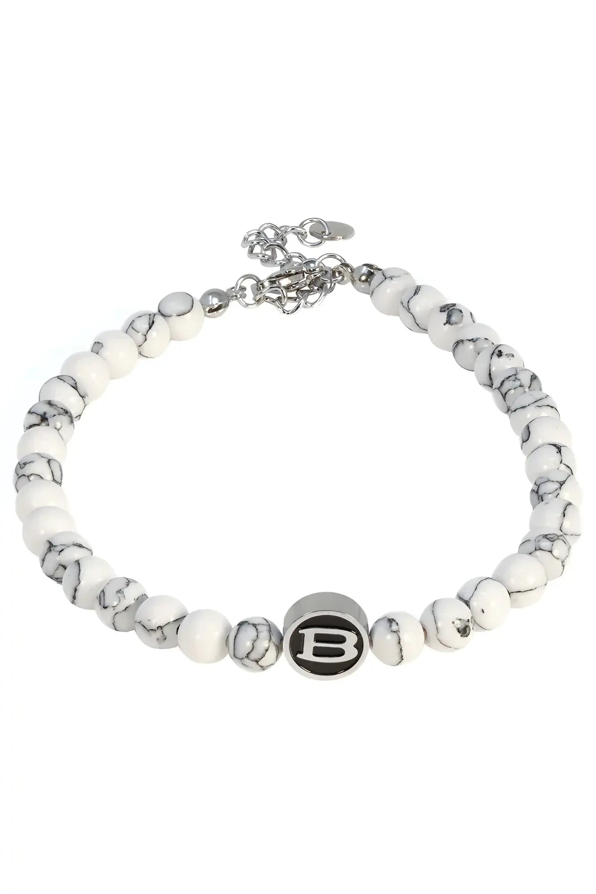 Classy wrinkle bracelet featuring white and black marbled beads with a silver-toned b charm