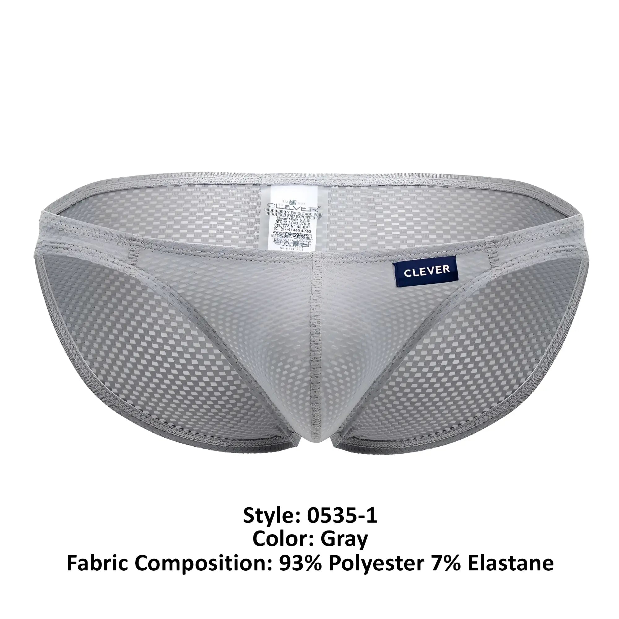 Gray mesh briefs with subtle checkered pattern and clever branded label on waistband from clever 0535-1 kroma bikini