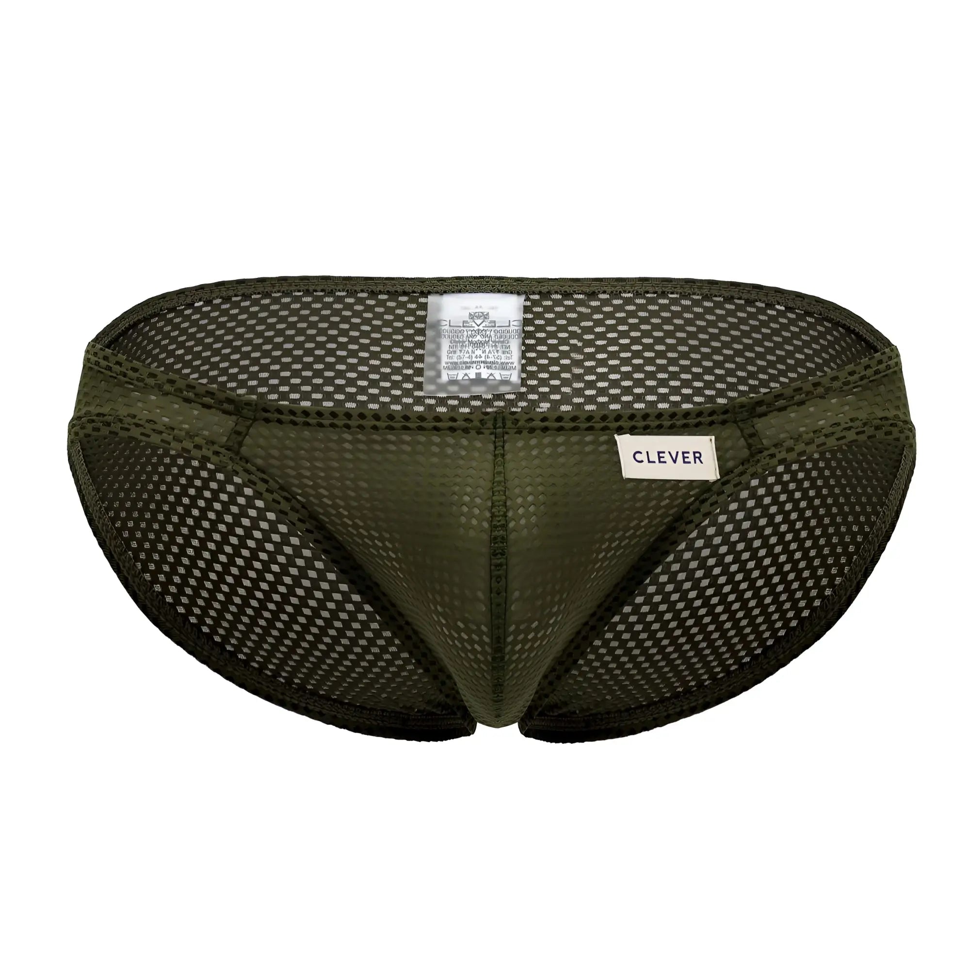 Olive green clever 0535-1 kroma bikini briefs with mesh fabric and branded clever label in front view