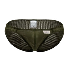 Olive green clever 0535-1 kroma bikini briefs with mesh fabric and branded clever label in front view