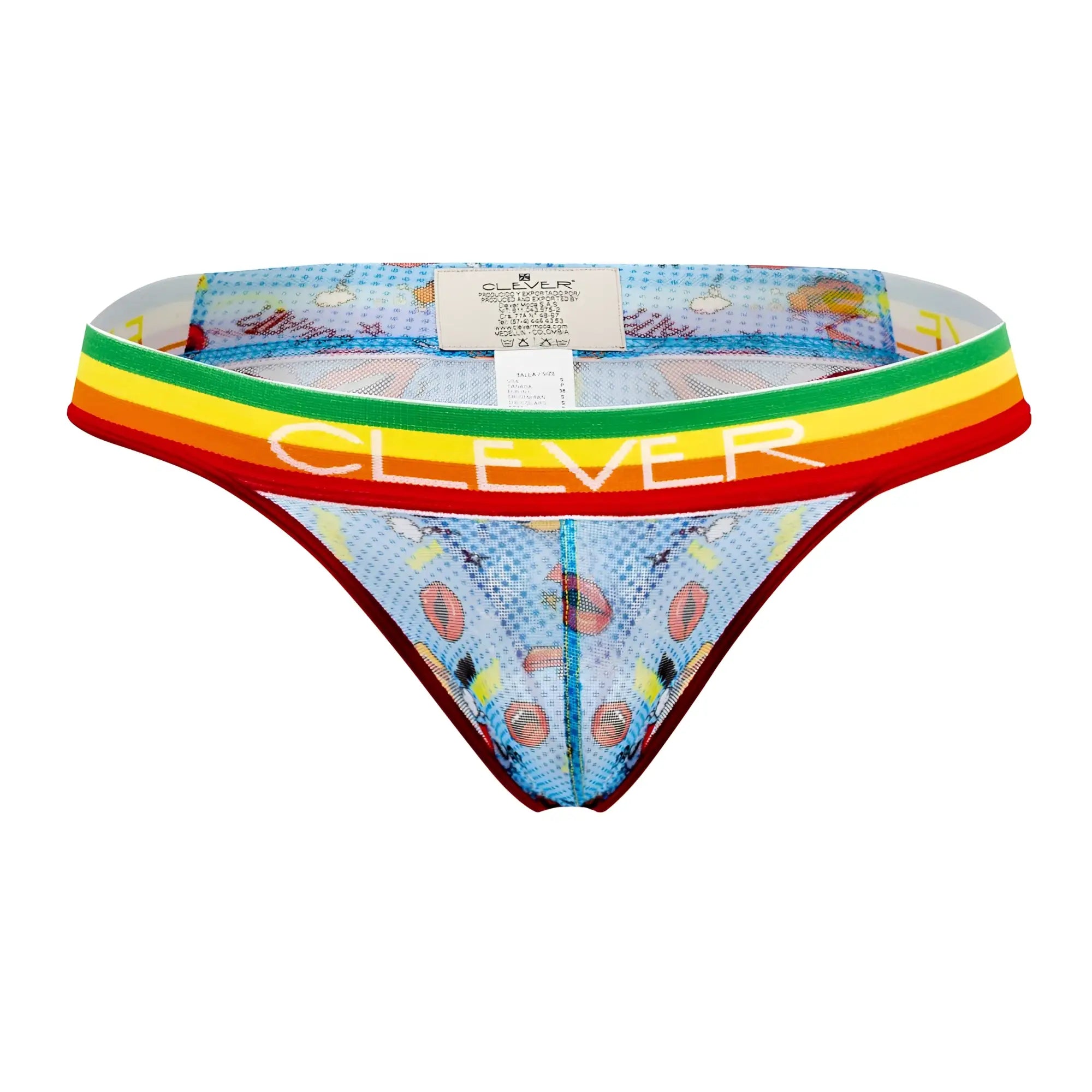 Clever 0609-1 motivation men’s thong in blue mesh with cartoon coffee bean and cup designs and rainbow waistband