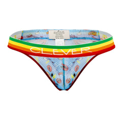 Clever 0609-1 motivation men’s thong in blue mesh with cartoon coffee bean and cup designs and rainbow waistband