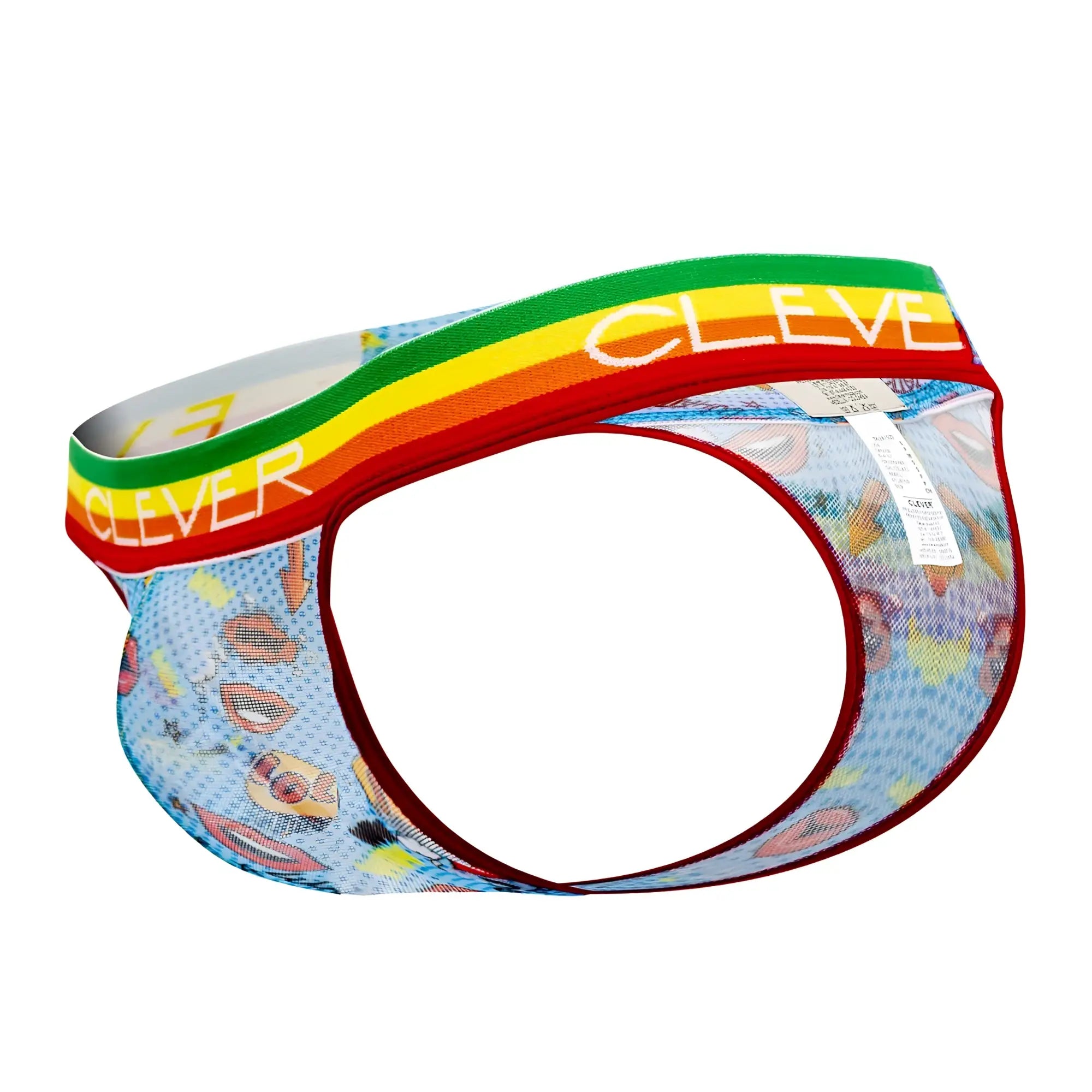 Clever 0609-1 motivation thongs men’s underwear in blue light mesh with rainbow waistband and colorful fruit patterns