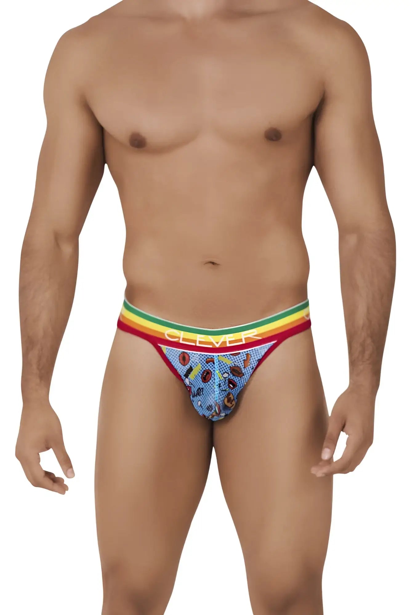 Blue patterned men’s briefs with rainbow-striped waistband and clever brand name in white from clever 0609-1 motivation thongs