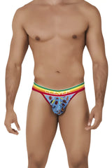 Blue patterned men’s briefs with rainbow-striped waistband and clever brand name in white from clever 0609-1 motivation thongs