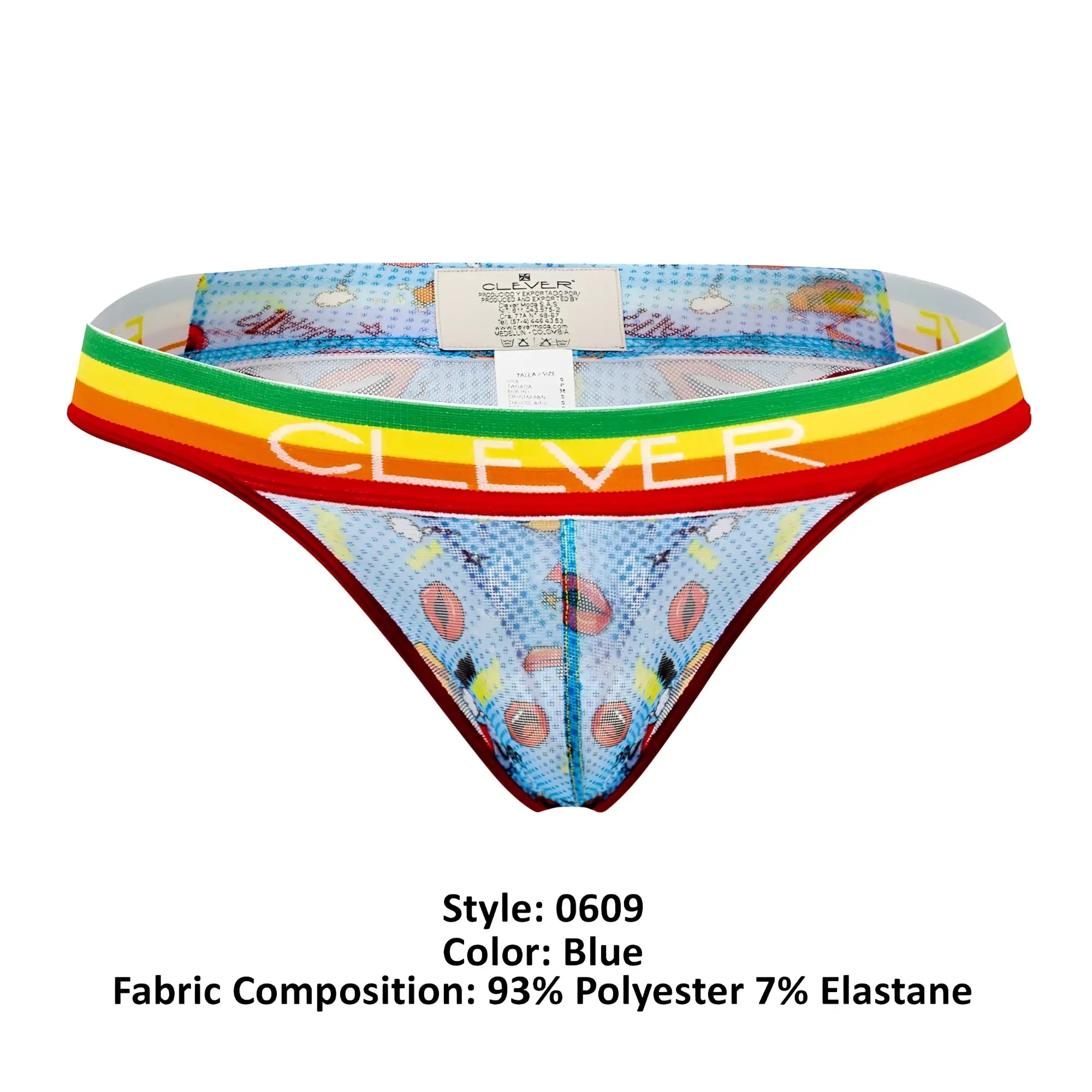 Blue patterned clever 0609-1 motivation thong with rainbow-striped waistband and white clever logo print