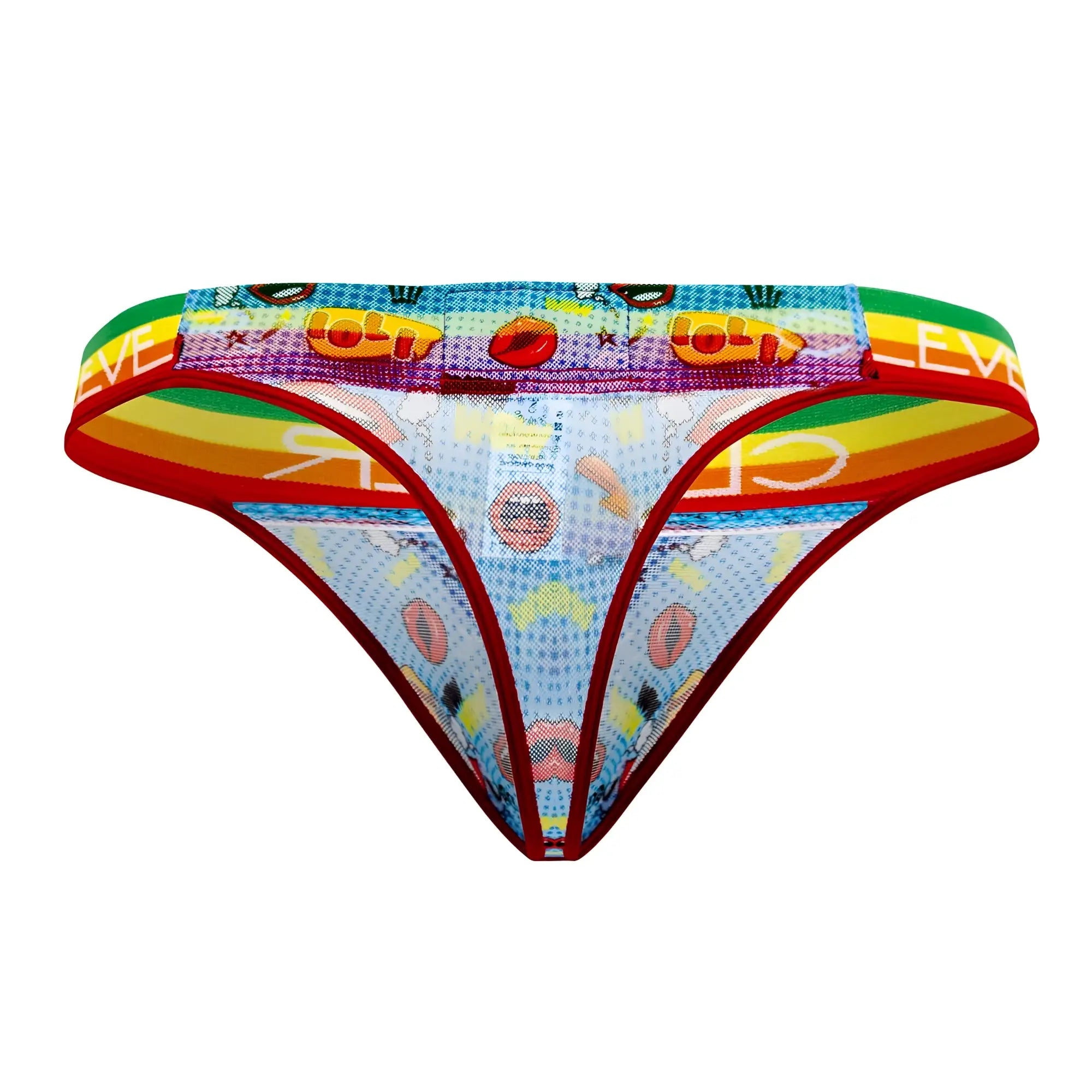 Blue clever 0609-1 motivation thong with rainbow-striped cartoon pattern mesh fabric and bold red trim shown from the back