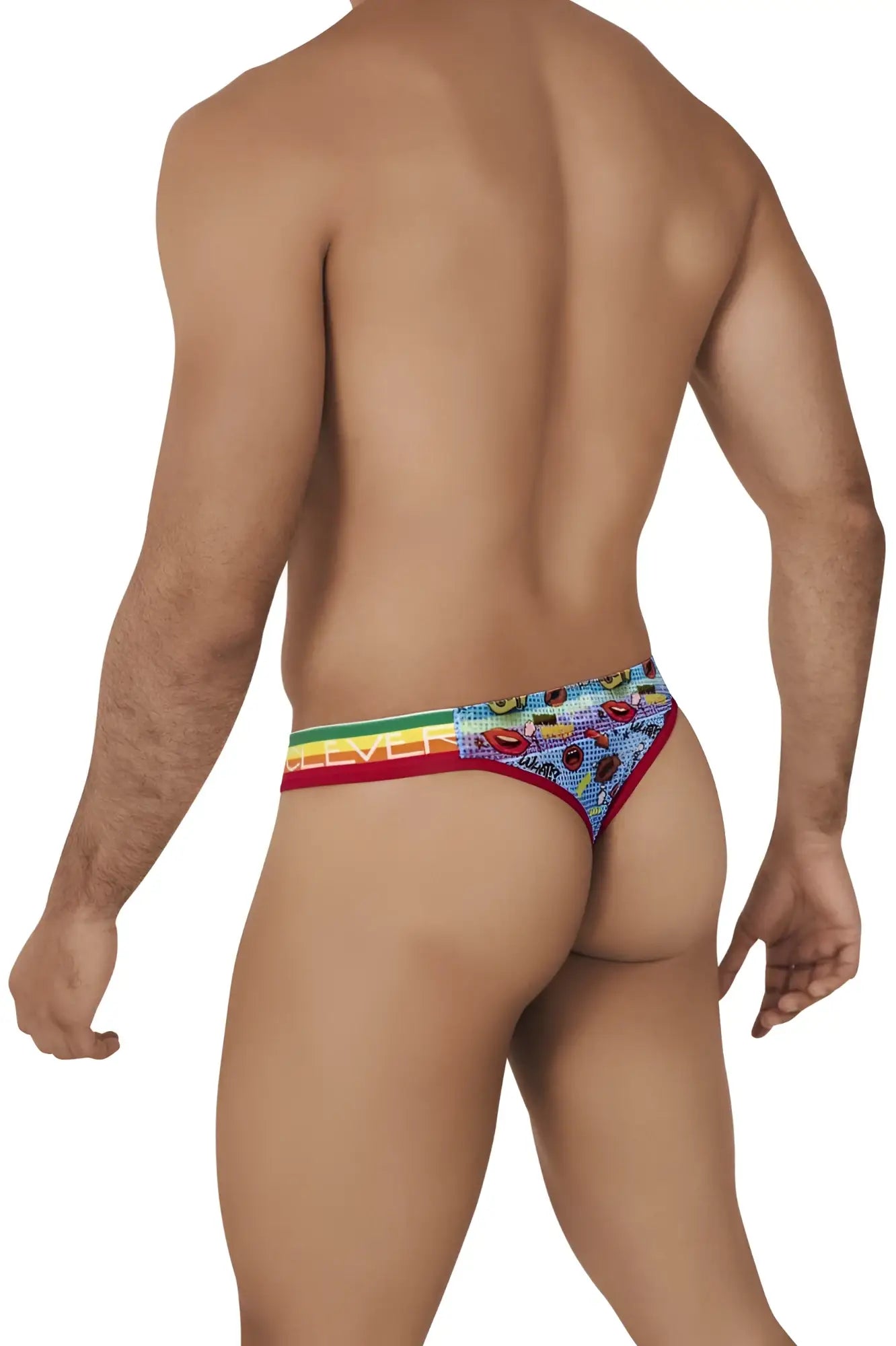Clever 0609-1 Motivation thong in blue with rainbow stripes fruit pattern and red trim shown from the back side