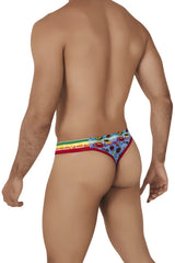 Clever 0609-1 Motivation thong in blue with rainbow stripes fruit pattern and red trim shown from the back side
