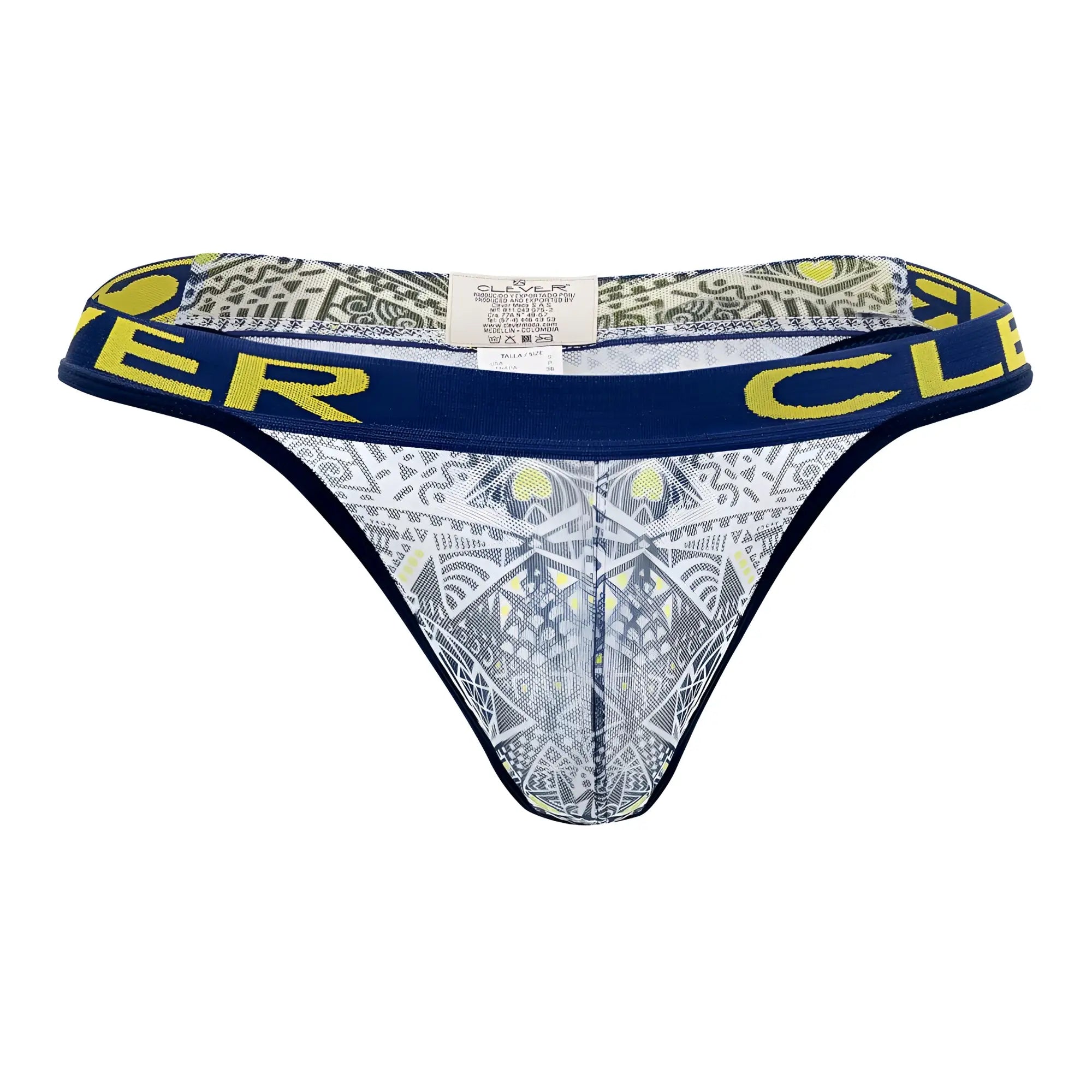 Blue and yellow patterned thong with geometric design and clever brand name on waistband in white color