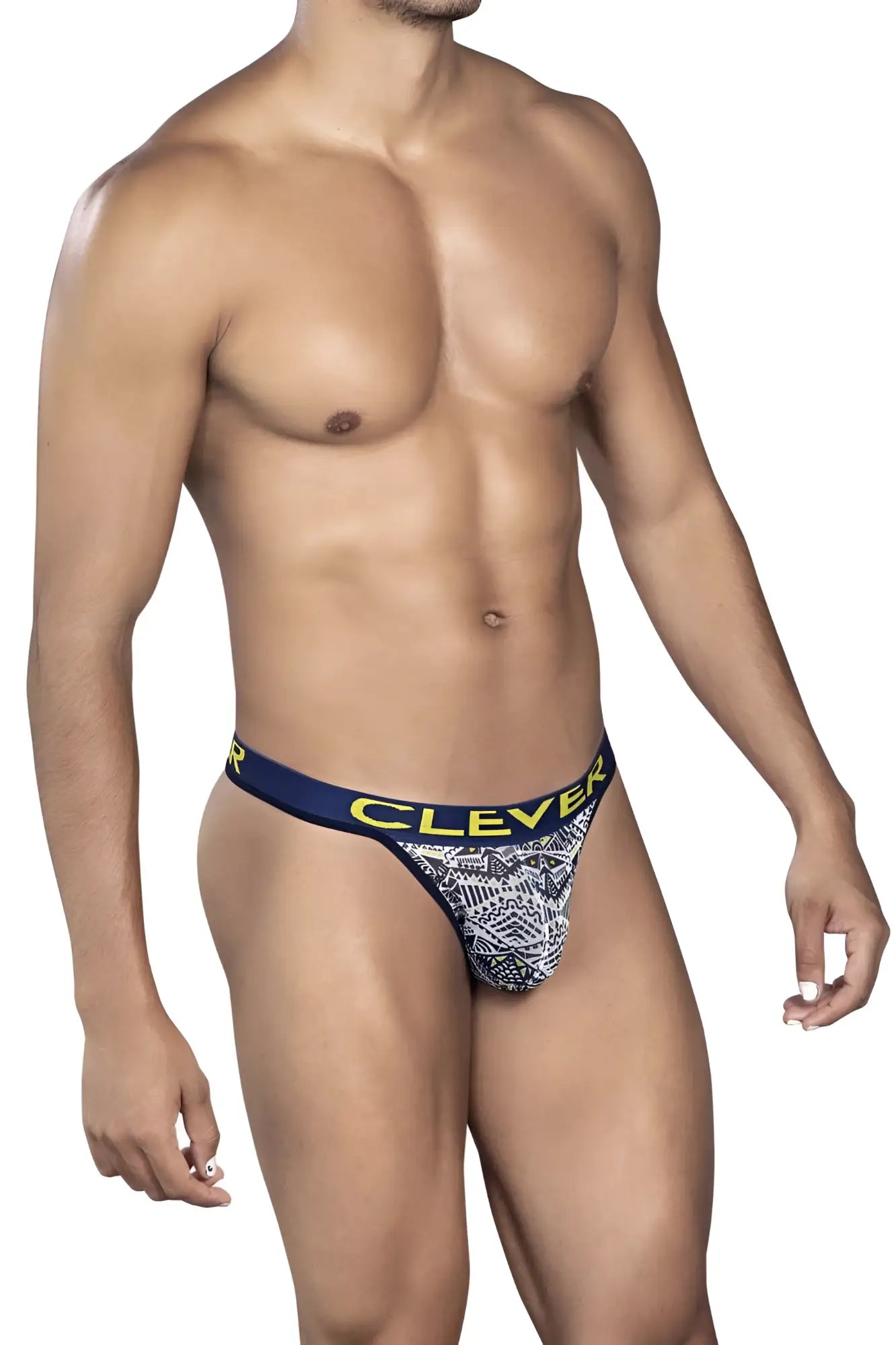 Navy blue and white patterned Clever 0921 tribal thong with yellow waistband lettering in white color front view
