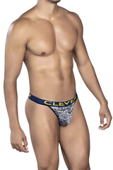 Navy blue and white patterned Clever 0921 tribal thong with yellow waistband lettering in white color front view