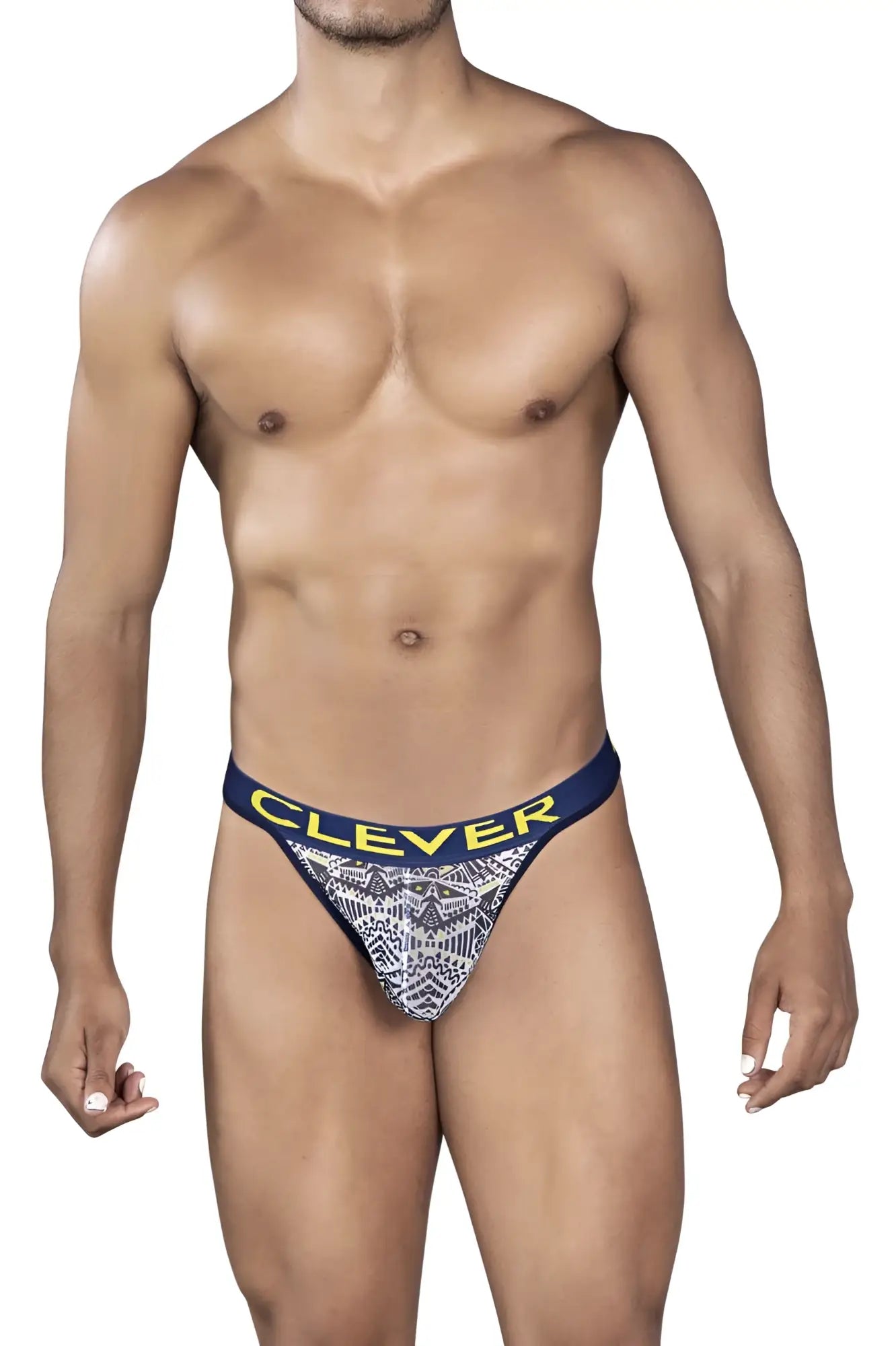 Navy blue and white tribal patterned thong with yellow clever branding on the waistband in white color