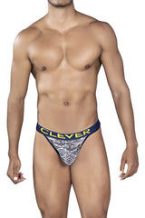Navy blue and white tribal patterned thong with yellow clever branding on the waistband in white color