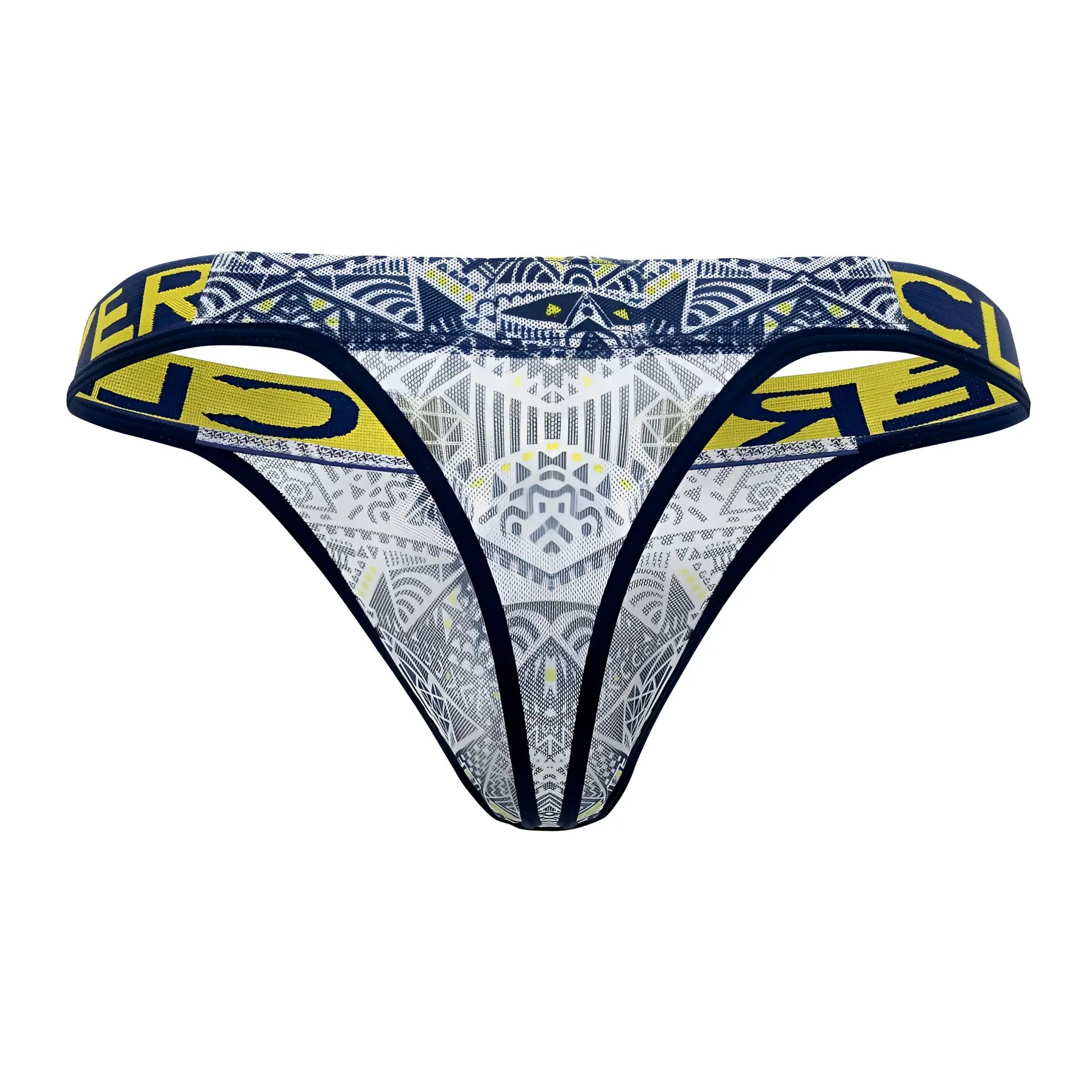 Navy and yellow patterned thong with geometric design from clever 0921 tribal thongs color white collection