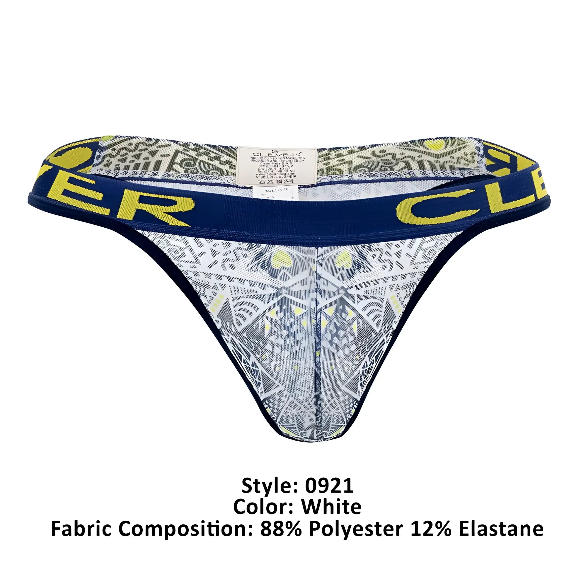 White thong with navy blue waistband bold yellow clover lettering and gray white lime green geometric pattern tribal design