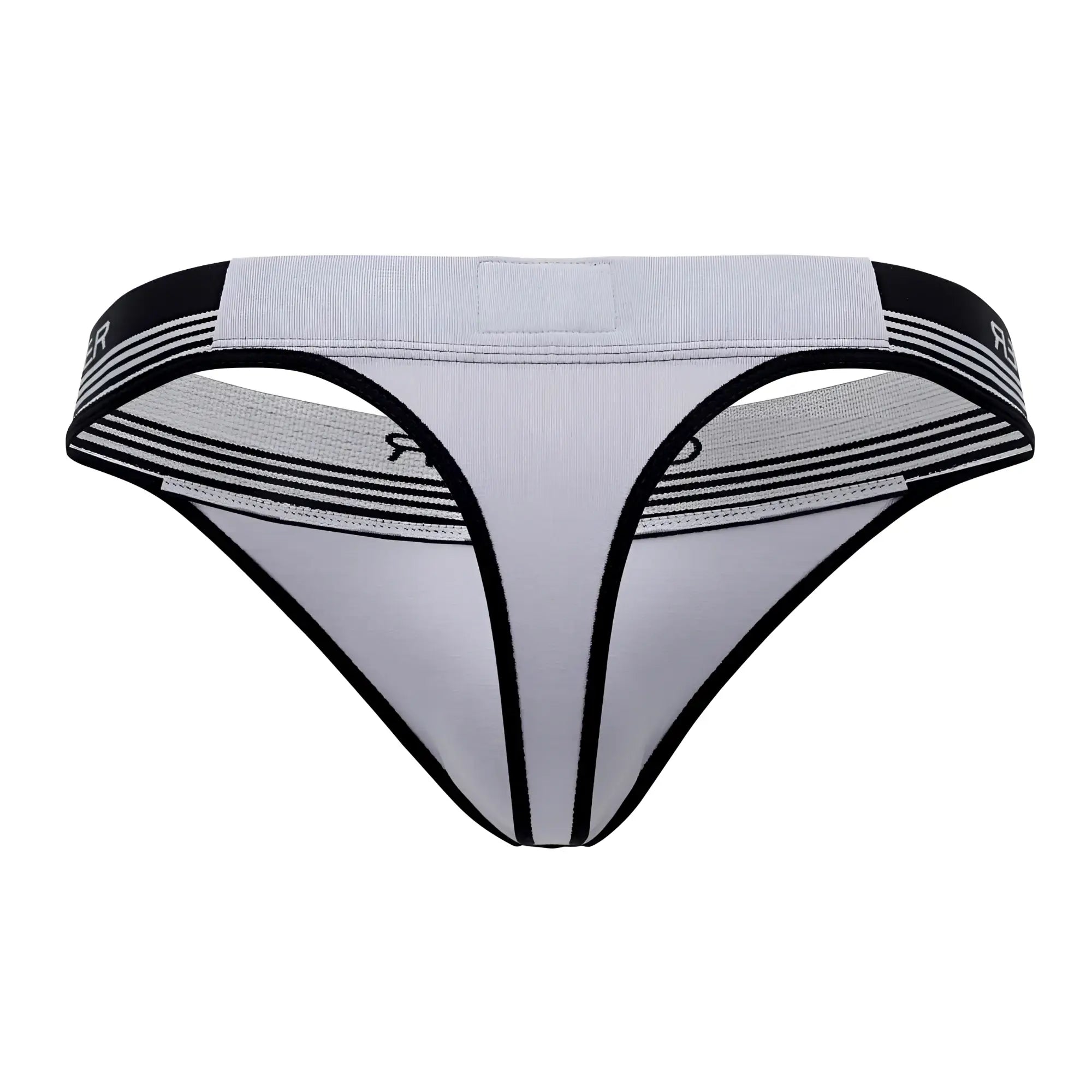 Gray and black athletic-style thong with striped elastic waistband from clever 0926 comfy thongs collection
