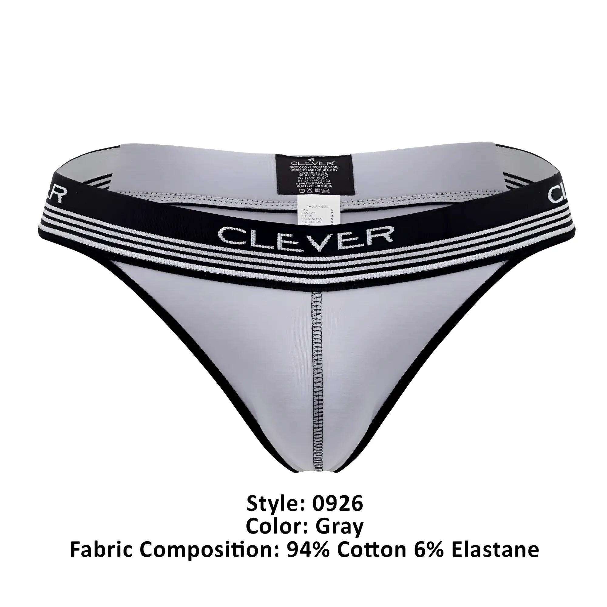 Gray clever 0926 comfy thong with black trim and striped waistband showing front side design