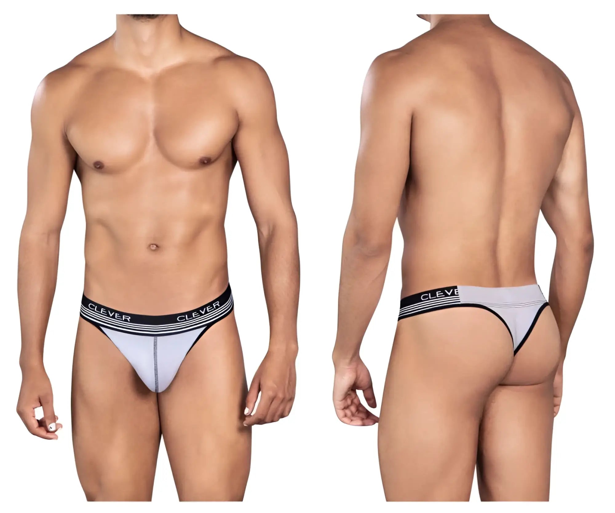 Light gray and black striped thong with clever branding on waistband from clever 0926 comfy thongs collection