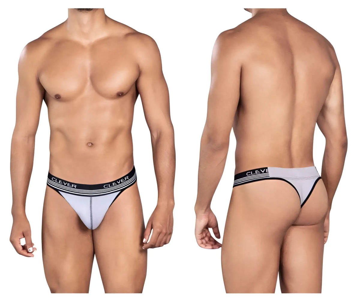 Light gray and black striped thong with clever branding on waistband from clever 0926 comfy thongs collection