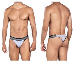 Light gray and black striped thong with clever branding on waistband from clever 0926 comfy thongs collection