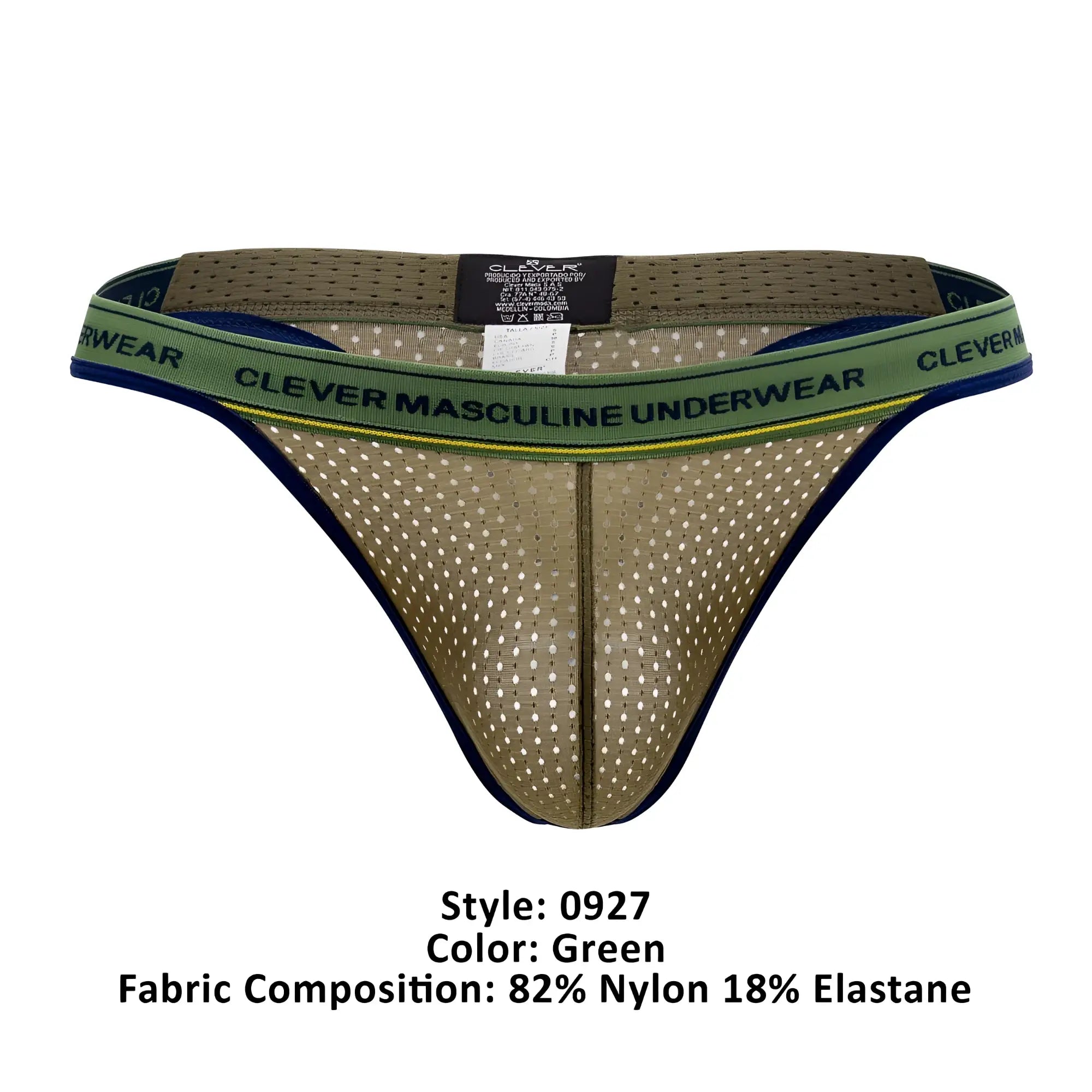 Green mesh athletic briefs with navy blue trim and clever waistband logo from clever 0927 premium thongs series