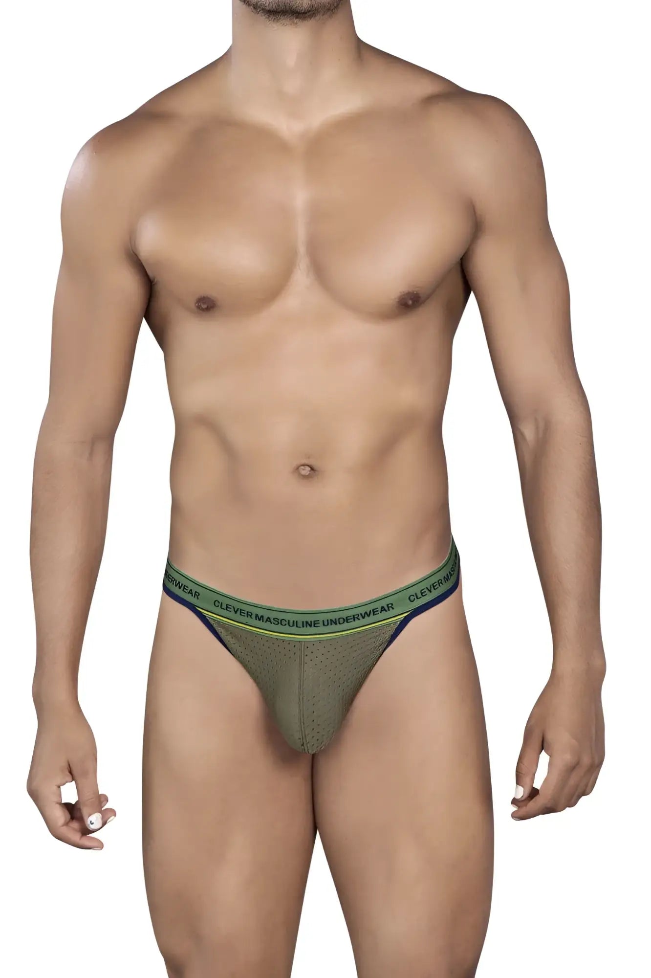 Olive green mesh briefs with lime green and navy blue clever masculine underwear branded elastic waistband