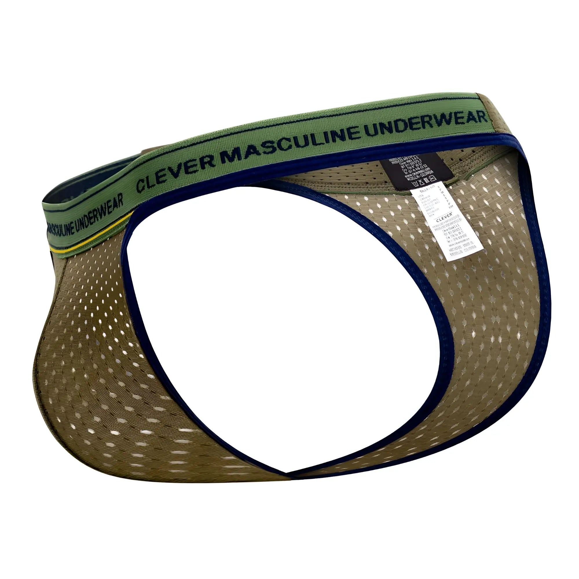 Olive green clever 0927 premium mesh briefs with navy blue trim and branded waistband shown from the back side