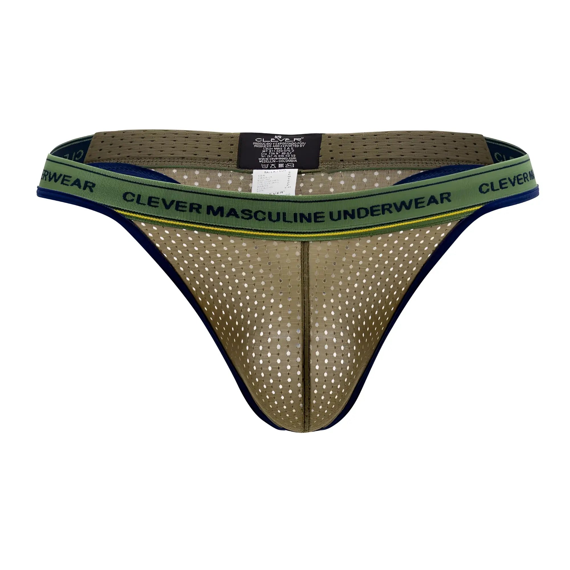 Olive green mesh thong with navy blue trim and clever branded waistband from clever 0927 premium thongs collection