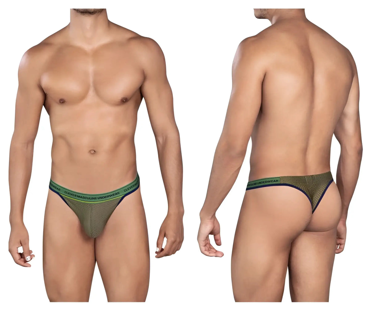 Olive green mesh thong with teal and black elastic waistband branded clover from clever 0927 premium thongs color green