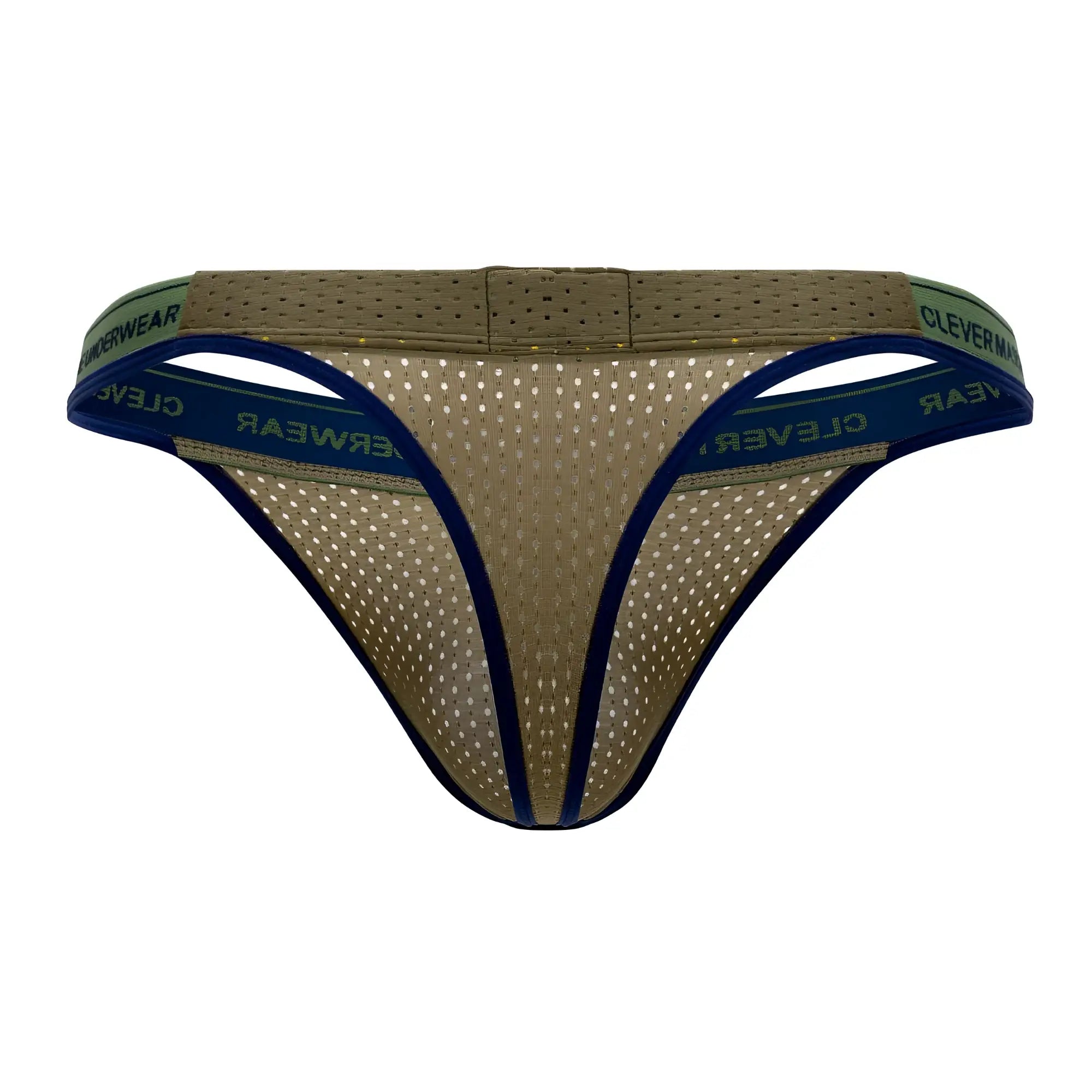 Olive green and navy blue mesh thong with cleverwear branded waistband from clever 0927 premium thongs collection