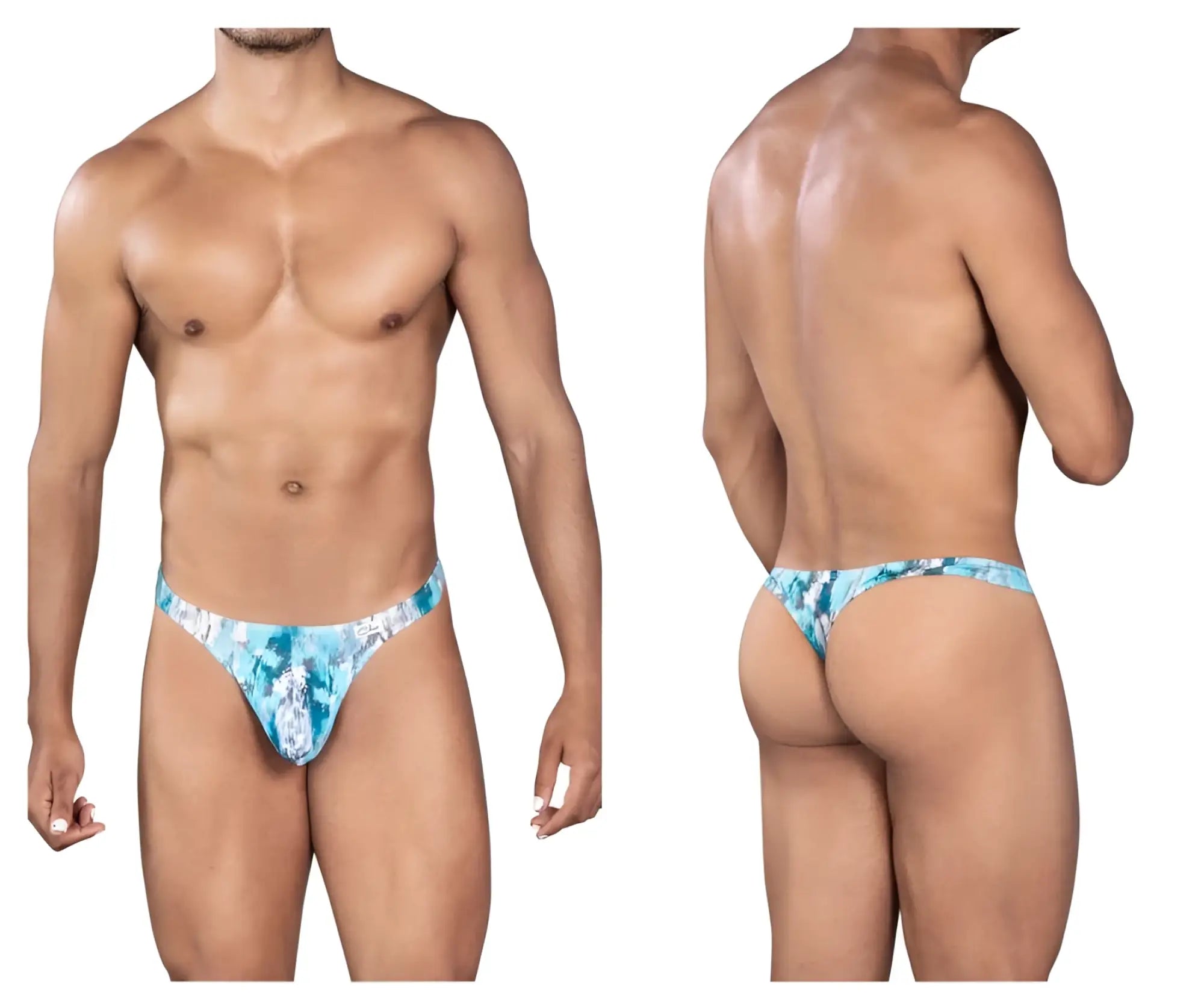 Blue and white patterned men’s thong with tropical floral design from clever 0932 art thongs color gray collection