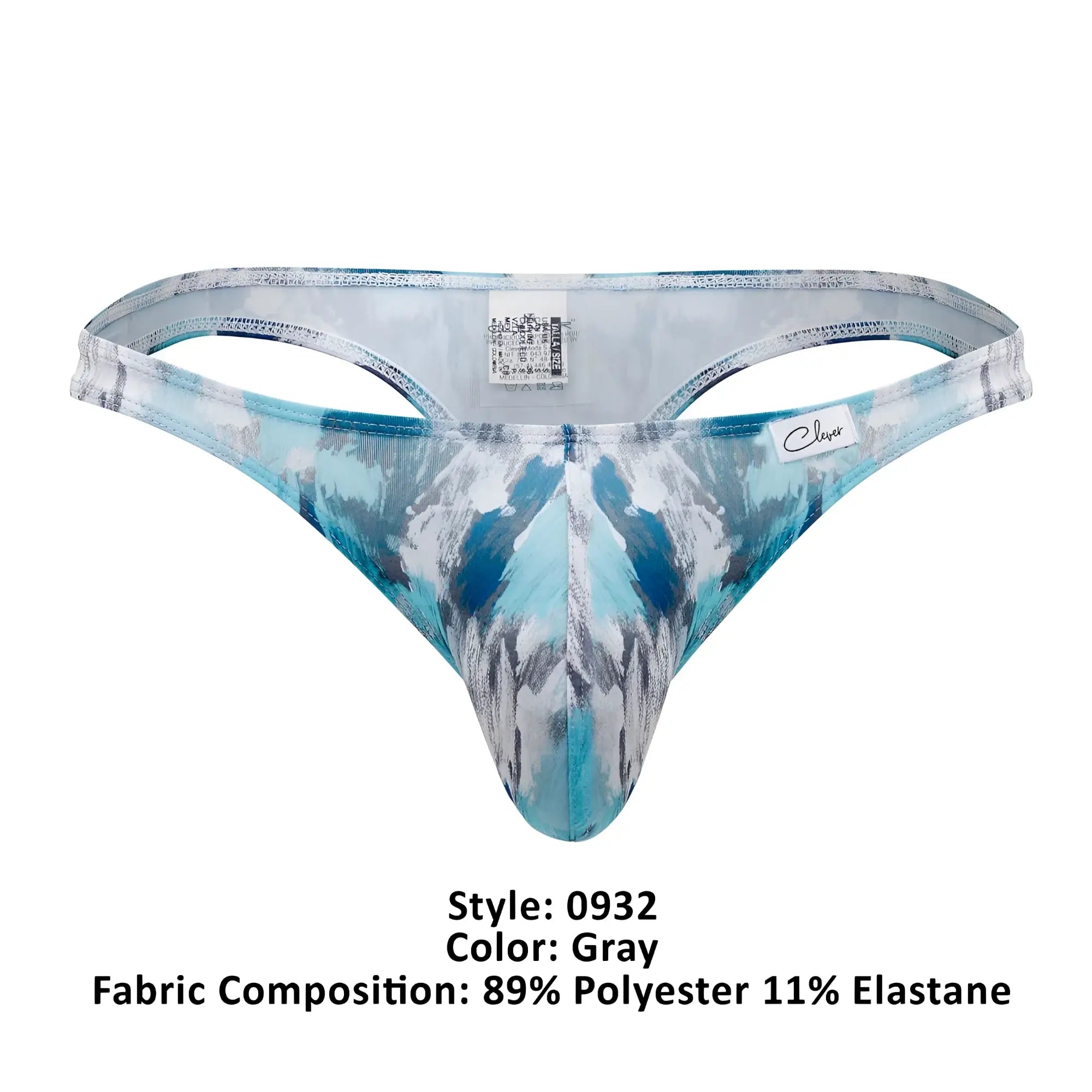 Gray patterned clever 0932 art thong with blue and white abstract design made of 89% polyester 11% elastane