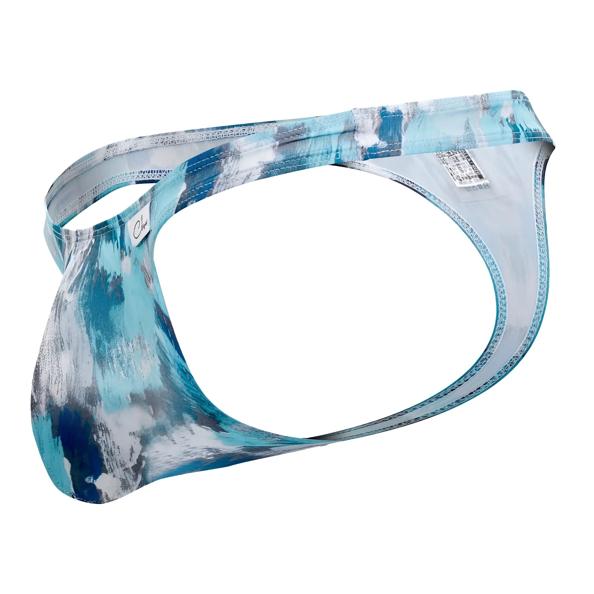 Men’s clever 0932 art thong in gray with turquoise and white abstract paint-splatter pattern and sleek modern design