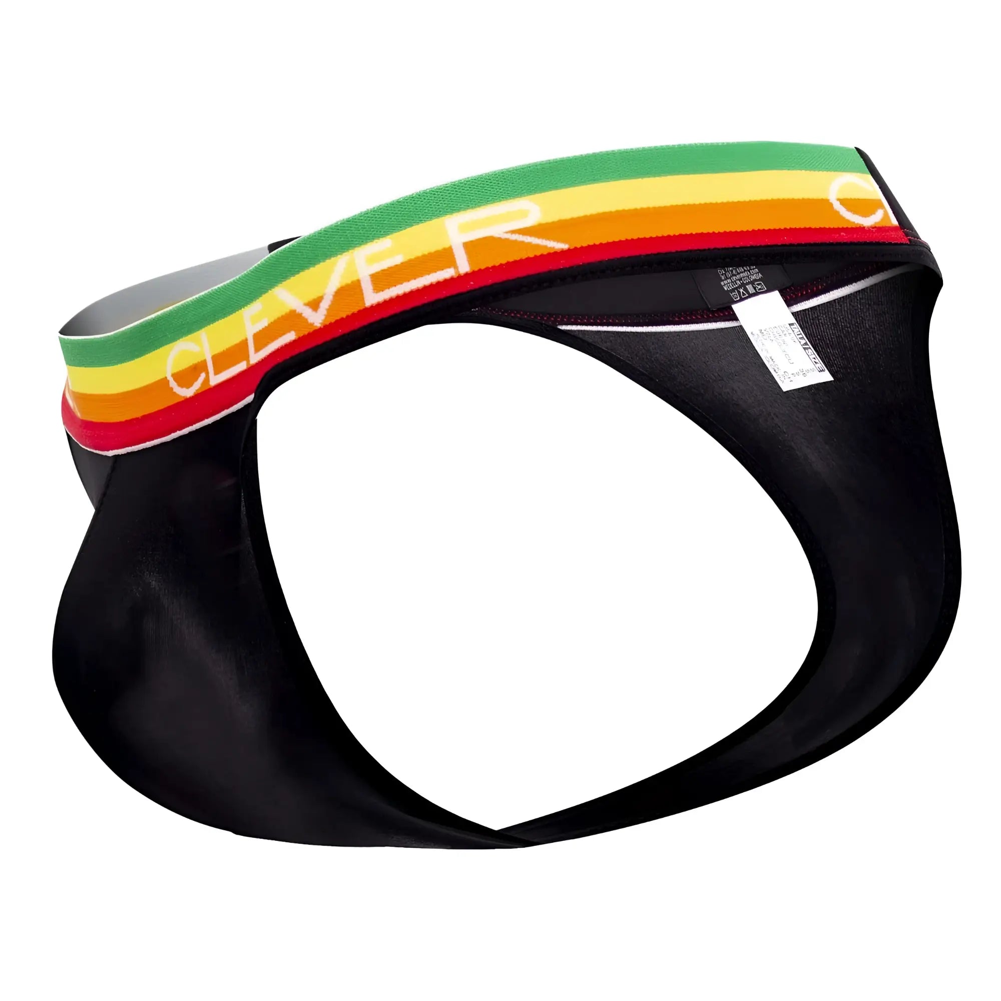 Black clever 0939 orion thongs with vibrant green yellow and red striped waistband and white clever logo