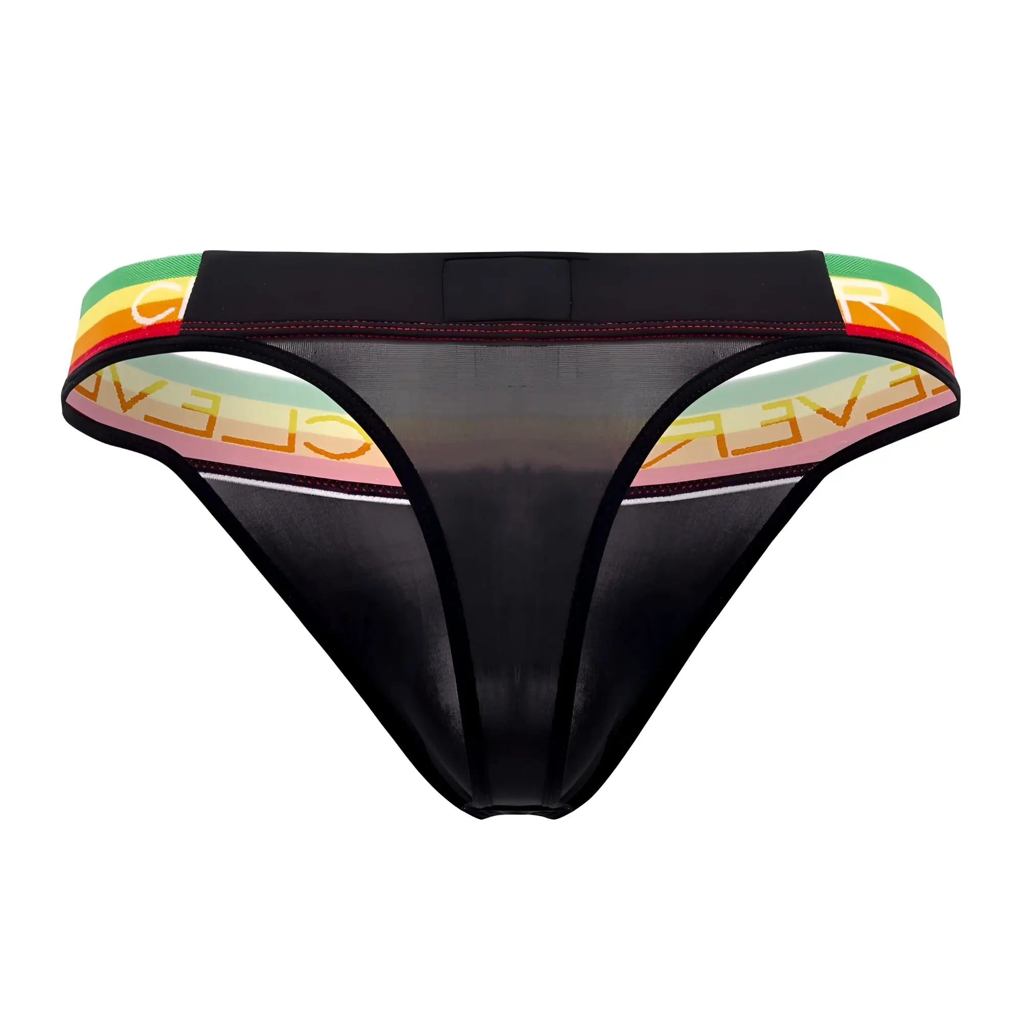 Black mesh thong with rainbow waistband and orange clever logo from clever 0939 orion thongs color black collection
