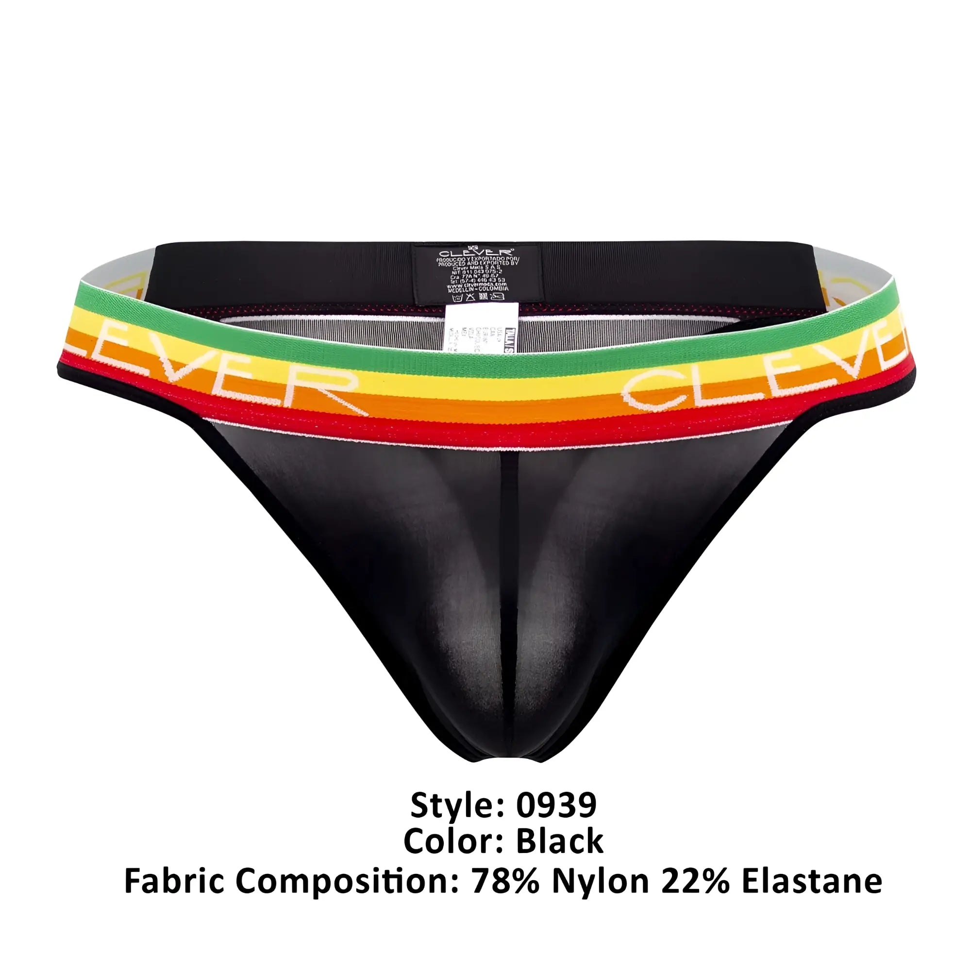 Black sheer nylon and elastane clever 0939 orion thong with rasta-striped waistband and white clever logo