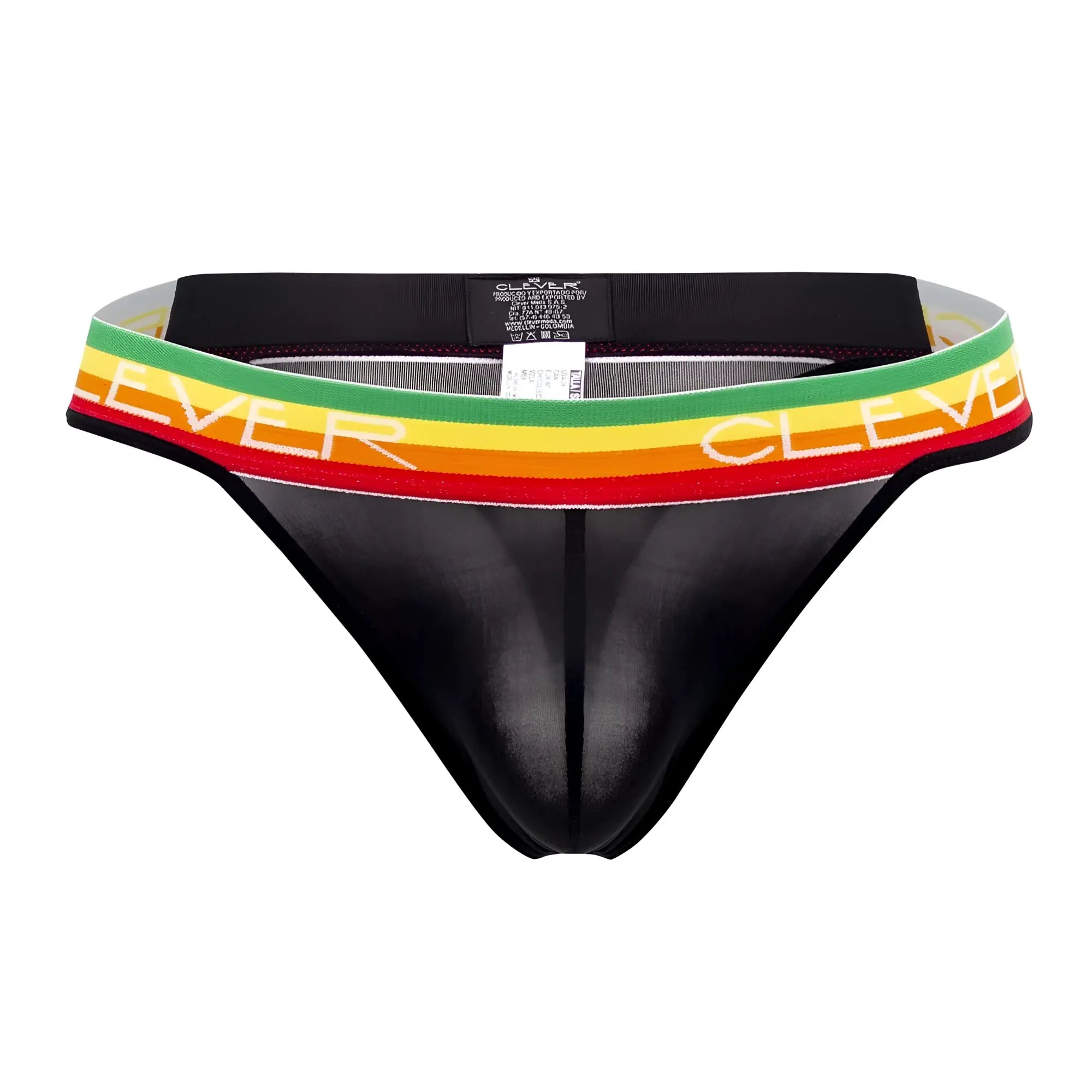 Black sheer clever 0939 Orion thong with a colorful rainbow-striped waistband featuring clever text