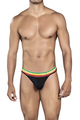 Black clever 0939 orion thong with vibrant rainbow-striped ceram waistband showing front view