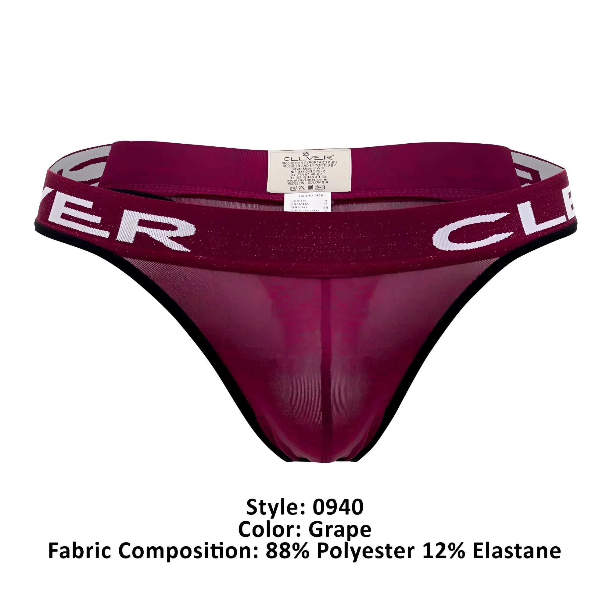 Grape-colored clever 0940 jasped sheer mesh thong with wide elastic waistband featuring white clover lettering and black trim