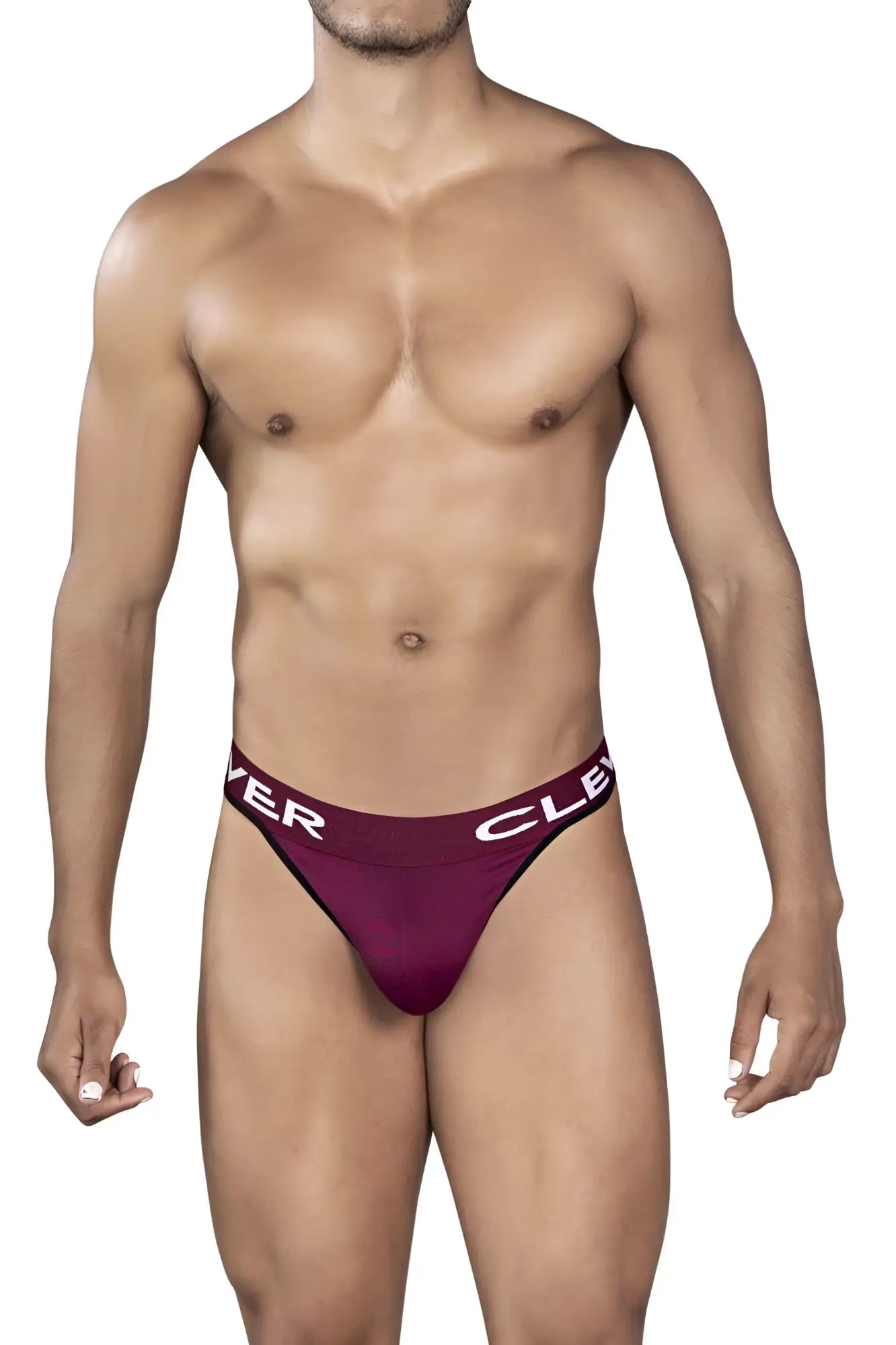Maroon clever 0940 jasped thongs with white clever waistband branding designed for athletic support and comfort