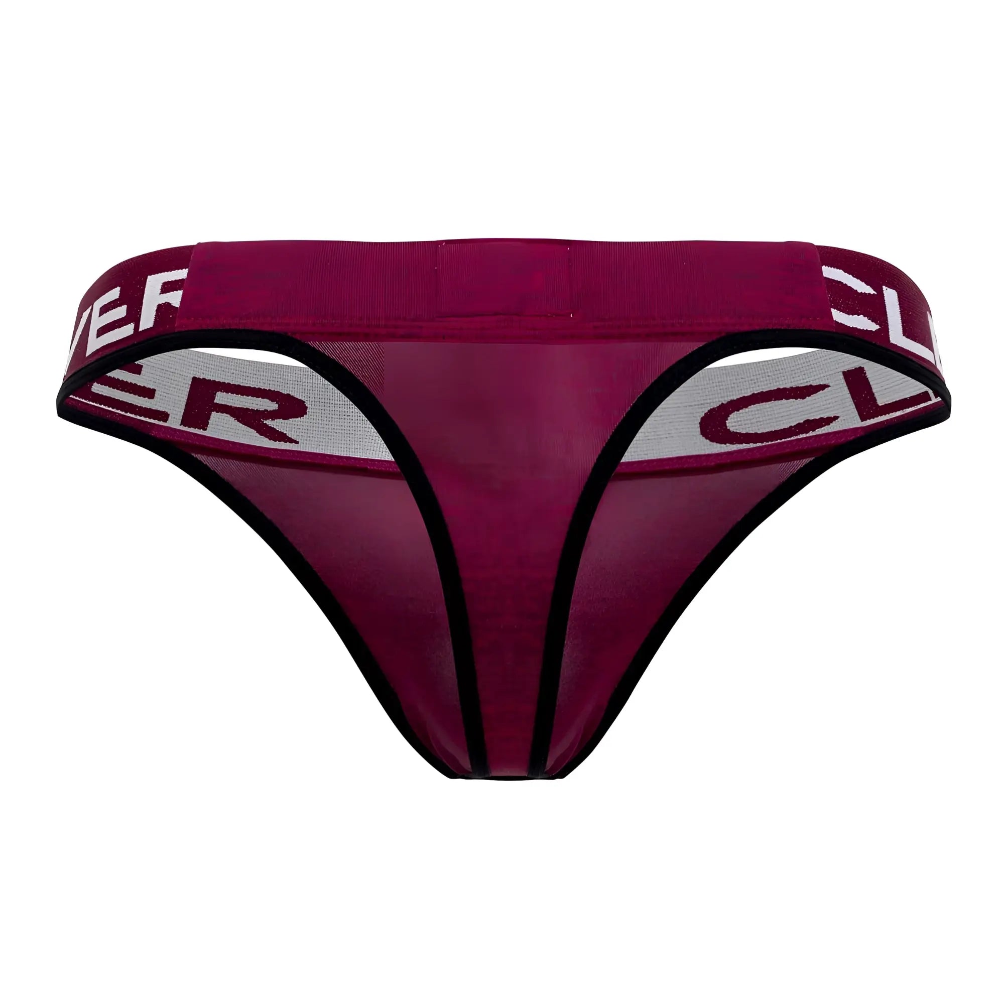 Maroon mesh thong with black trim and gray waistband featuring Clever branding in bold lettering color grape
